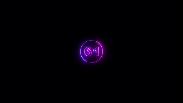 Abstract 61 text neon number animation on the black background. Glowing neon 61 number mathematics count text animation.