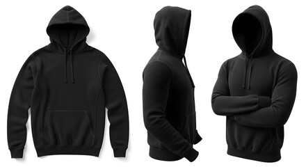 Blank black hoodie template. Hoodie sweatshirt long sleeve with clipping path, hoody for design mockup for print, isolated on transparent background.