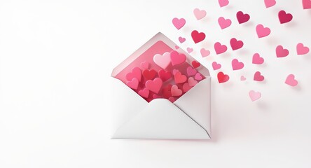 Open White Envelope with Pink Red Heart Paper Cutouts Spilling Out on White Background