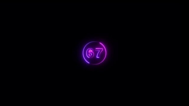 Abstract 67 text neon number animation on the black background. Glowing neon 67 number mathematics count text animation.