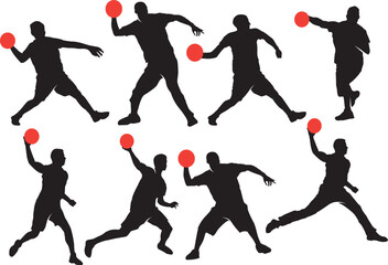 Set of dodgeball player silhouettes vector illustrations of athletes throwing balls isolated on white background