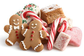 Festive Christmas cookie assortment featuring gingerbread men, candy canes, and holiday desserts, isolated on white background.