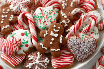 Festive Christmas cookie assortment featuring gingerbread men, candy canes, and holiday desserts.