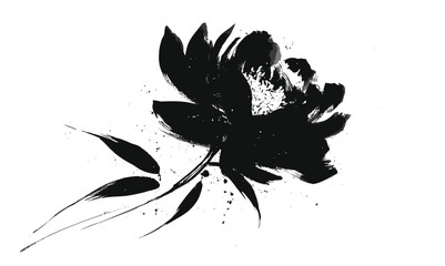 Fototapeta na wymiar Black ink peony painting – traditional Asian sumi-e flower art with expressive brush strokes