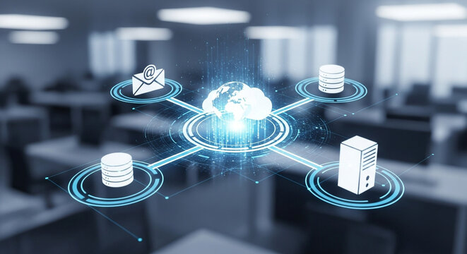 Dynamic digital network connecting cloud services, servers, and email for seamless data flow and modern business operations.