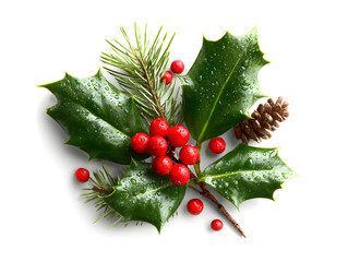 Holly leaves with red berries and pine sprigs, festive winter decoration, isolated on white background.