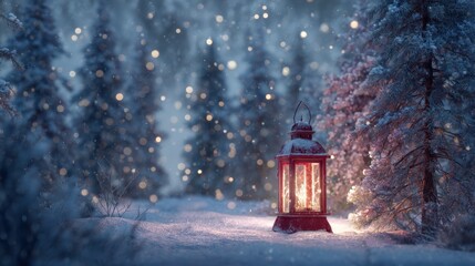Lantern glowing softly in a snowy forest during winter night