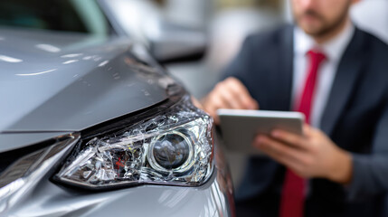 Naklejka premium Focused insurance agent inspects car for an accident damage estimate. professional claims adjuster uses tablet to assess vehicle for repair quote