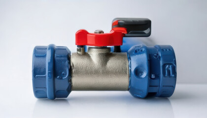 Fototapeta premium Blue metal ball valve for clean hydrogen production. Industrial pipe fitting providing essential flow control key component for new energy technology and manufacturing systems