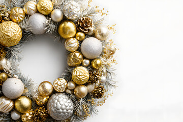 Modern Christmas wreath adorned with geometric gold and silver ornaments.