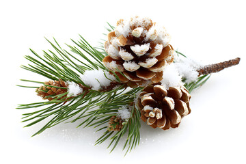 Pine branch with snow and two pinecones, winter nature element for Christmas and holiday season, isolated on white background.