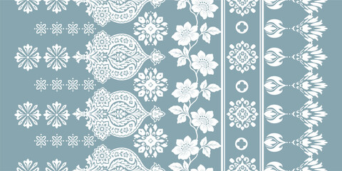 floral pattern vintage ethnic modern embroidery texture boho design vector illustration hand drawn pink flower motif branches leaves wallpaper seamless background border.	