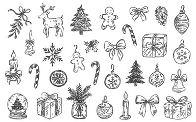 Hand-drawn Christmas doodle set with holiday decorations, gifts, bows, trees, snowflakes, candles, candy canes, and gingerbread cookies. Festive vector illustration for winter design.