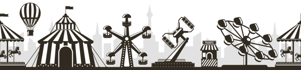 Amusement park carnival fairground rides skyline silhouette