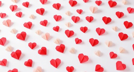 Red and Light Pink Origami Heart Shapes on White Background for Valentines Day or Love Themed Designs