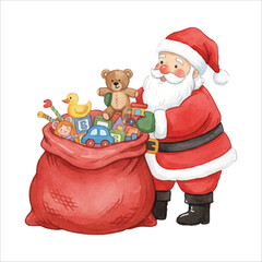 Santa Packing Toys into Sack Watercolor Vector
