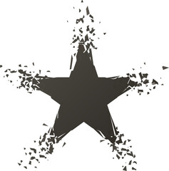 Black star shattering into fragments on white background