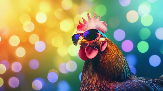 cool party chicken with sunglasses on colorful disco background illustrated animation
