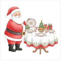 Santa Arranging Christmas Table Watercolor Vector
