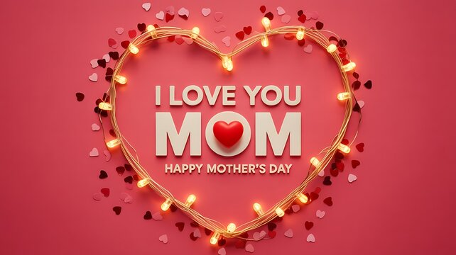 I love you mom text with heart shaped light garland for happy mothers day celebration