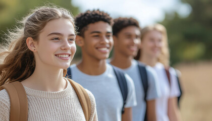 Tobacco free generation concept with happy diverse teenager group outdoors showing positive lifestyle and unity