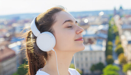 Young woman enjoying music with headphones outdoors feeling happy and relaxed representing tobacco free generation lifestyle
