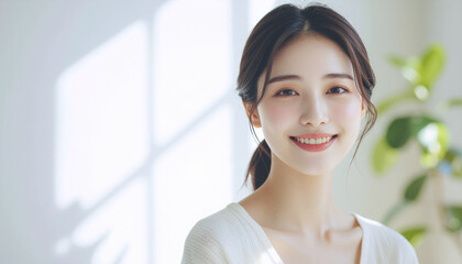 Tobacco free generation concept shown by young Asian woman smiling in natural light, healthy lifestyle, positive emotion, indoor plant