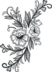 Black and white lace floral corner ornament with elegant flowers