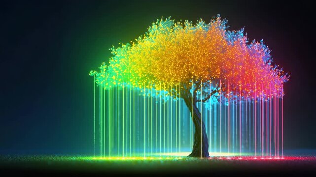 abstract digital tree glowing in neon colors illustrated animation