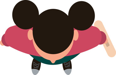 Girl wearing round ears holding skateboard top view