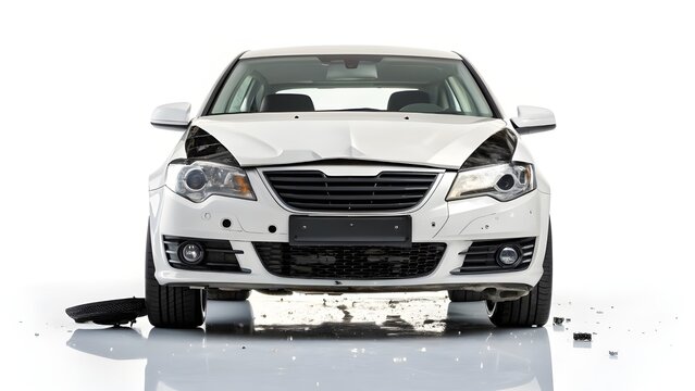 Front view of white car with severe accident damage studio shot
