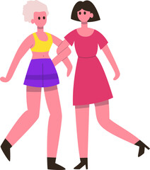 Two women friends walking arm in arm