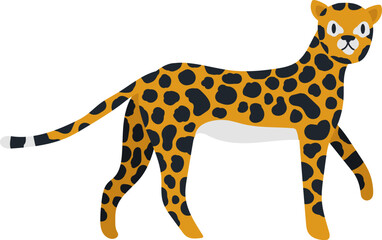 Cheetah character with spots walking across the frame
