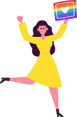 Woman celebrating LGBTQ plus pride moment with rainbow flag