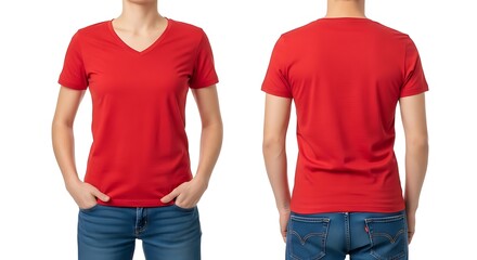 Front and back view of a person wearing a red vneck tshirt isolated on white background