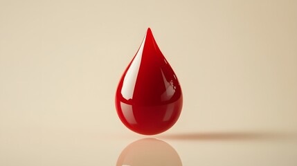 A single, shiny red blood drop stands out against a light beige backdrop in a studio lighting environment.