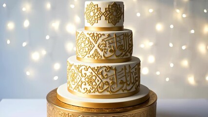 Luxurious three tier Arabic calligraphy wedding cake inspired by Omani architecture