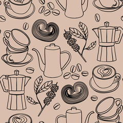 Seamless contour coffee pattern with cups, beans, pots, pastries, and coffee branches. Cozy design perfect for café menus, packaging, textiles, scrapbooking,  wrapping paper, textile and fabric.