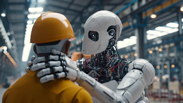 Embrace in the Factory: A worker and a robot embrace in a metallic factory, their connection symbolizes the partnership of technology and human, against the industrial environment.
