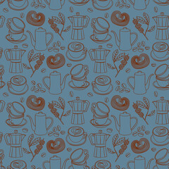Seamless contour coffee pattern with cups, beans, pots, pastries, and coffee branches. Cozy design perfect for café menus, packaging, textiles, scrapbooking,  wrapping paper, textile and fabric.