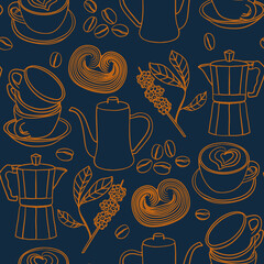 Seamless contour coffee pattern with cups, beans, pots, pastries, and coffee branches. Cozy design perfect for café menus, packaging, textiles, scrapbooking,  wrapping paper, textile and fabric.