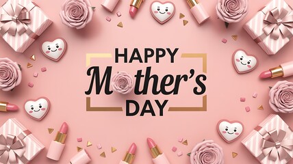 Happy mothers day greeting card with gift boxes and cosmetics on pink background