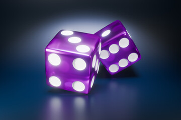 Two translucent purple dice are resting on a dark, reflective surface