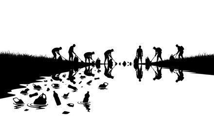 People cleaning trash from riverbank in silhouette against water  