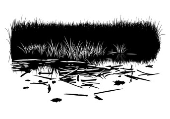 Stylized black and white illustration of wetlands with reeds and debris  