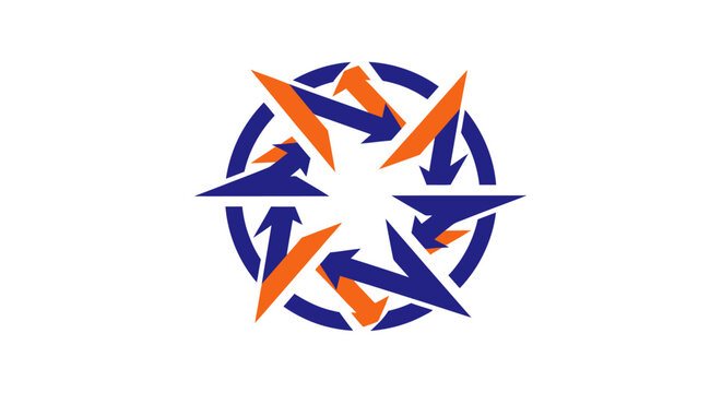 An abstract design features a blue circle with arrows of blue and orange, arranged in a star pattern