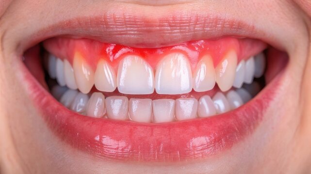 Close-up of a smile showing healthy white teeth contrasted with inflamed, red, bleeding gums (gingivitis). Use on sites/blogs about dental health, periodontics, hygiene, medicine,disease prevention
