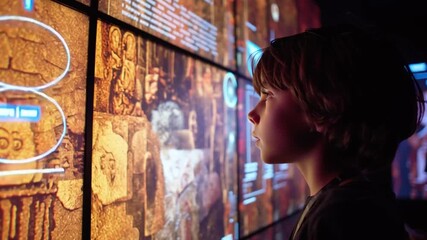Exploring Digital Horizons: A curious child gazes intently at an interactive digital interface, his focus on a display of information. - Powered by Adobe