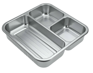 Shiny metal divided tray with three compartments and ribbed bottom