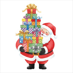 Santa Carrying Gift Box Tower Watercolor Vector
